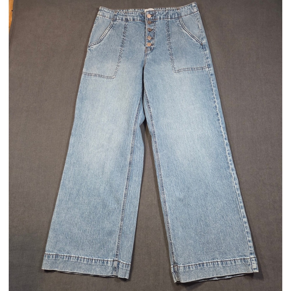 Time and Tru Wide Leg Jeans Womens 12 Blue Light Wash Button Fly Patch Pockets